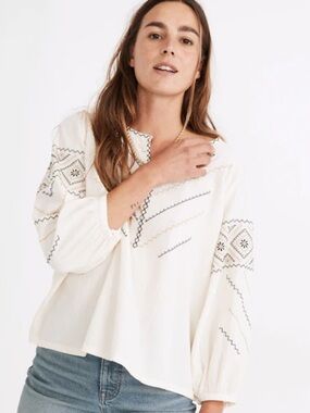 Madewell Embroidered Peasant Blouse - Cream with Black & Brown Stitching